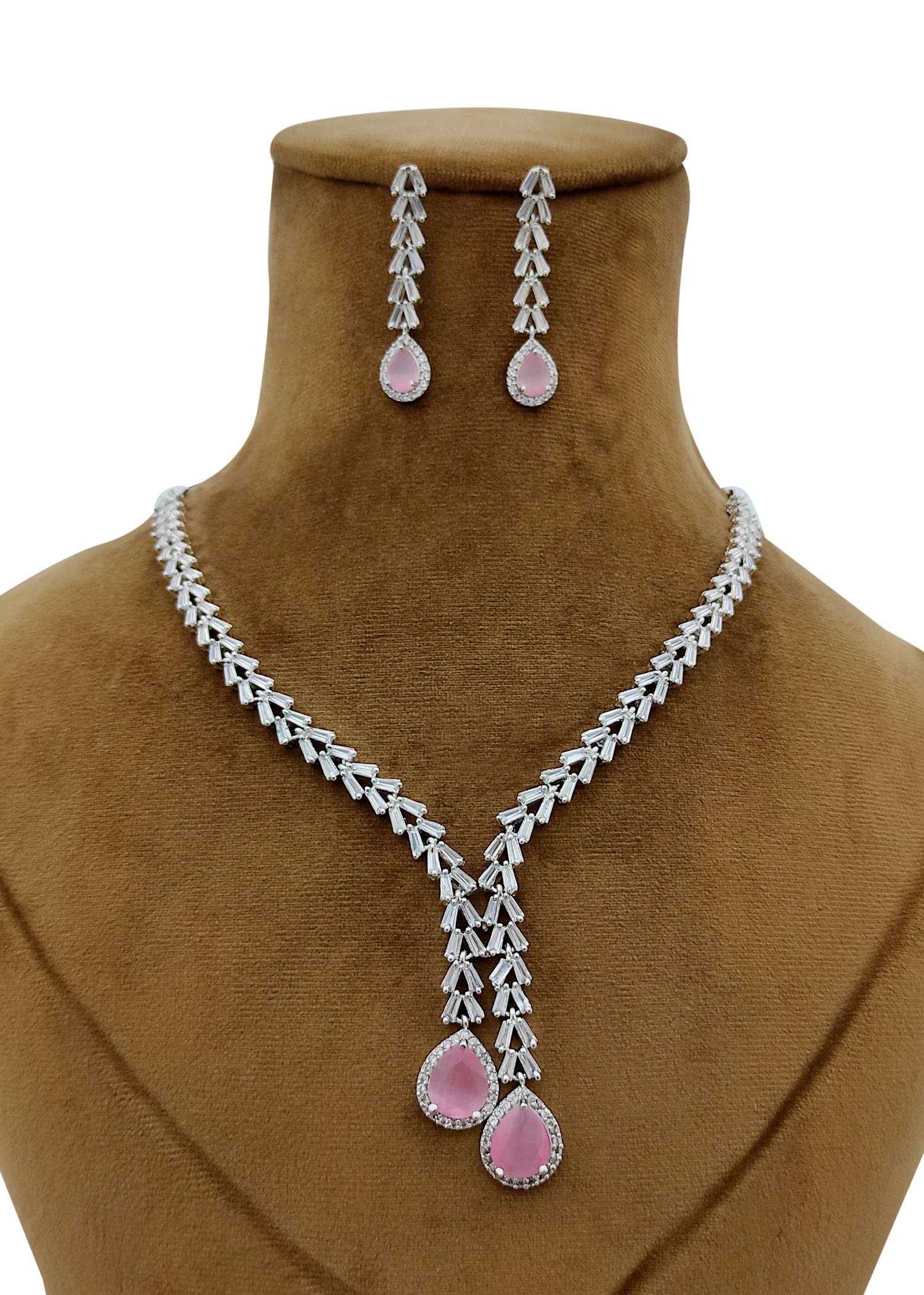 Mixbox Tie Style Cubic Zircon American Diamond Silver Plated Necklace Pendant Set Pink