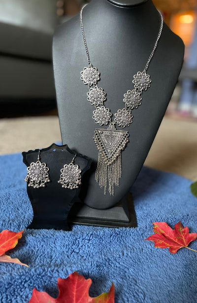 Oxidized Silver plated Long Necklace earring set