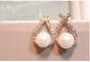 Crystal Gold Pearl Cute Bowknot Fashion Dangle Stud Earrings