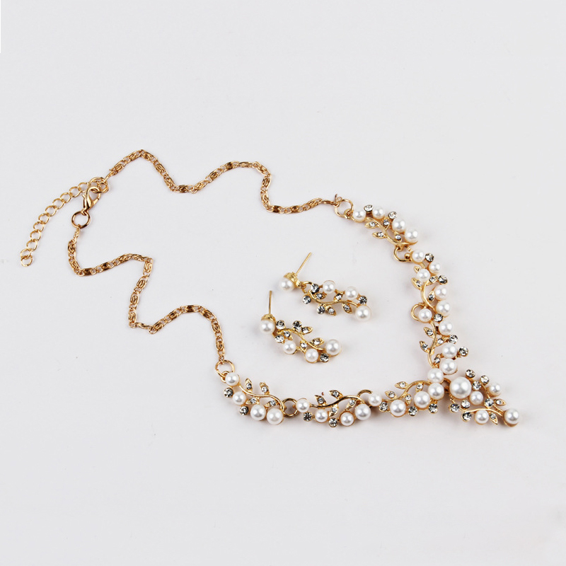 Gold Plated Pearl, Rhinestone Bridal Necklace/Earrings Set