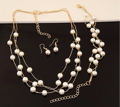 Elegant Double Layer Pearl Earrings, Bracelet, Pendant Sets