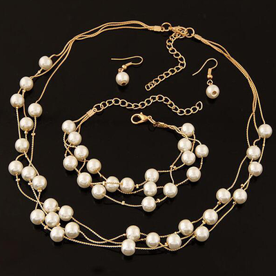 Elegant Double Layer Pearl Earrings, Bracelet, Pendant Sets