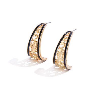 Hawaiian Style Hollow Gold Plated Black Hoop Earrings