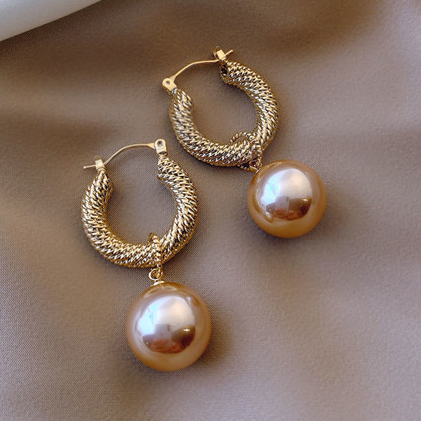 Gold Plated Imitation Pearl Hoop Earrings (Champagne)