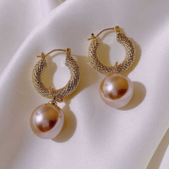 Gold Plated Imitation Pearl Hoop Earrings (Champagne)